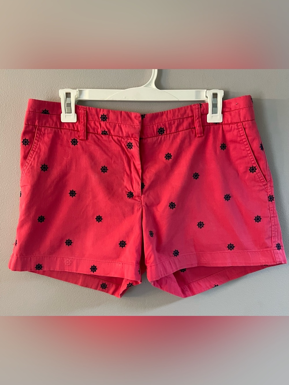 British Khaki Coral Pink Embroidered Nautical Motif Cotton Shorts